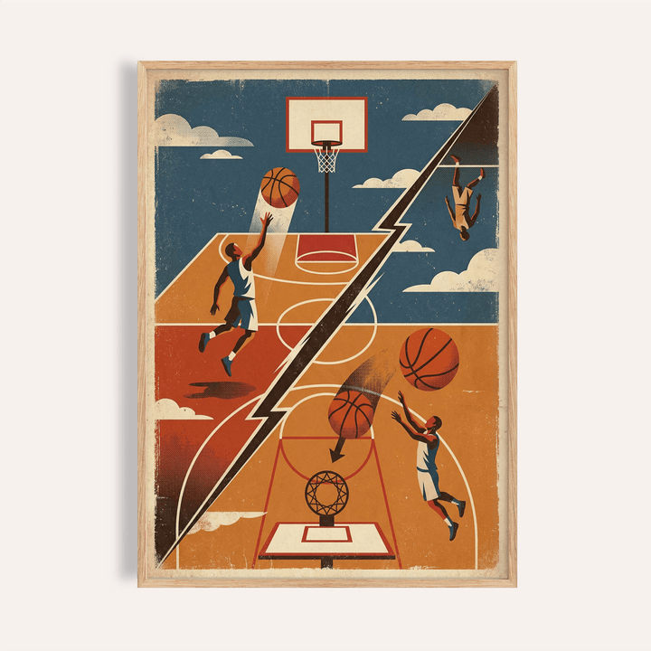 Diagonal split basketball poster showing two hoops and players in motion