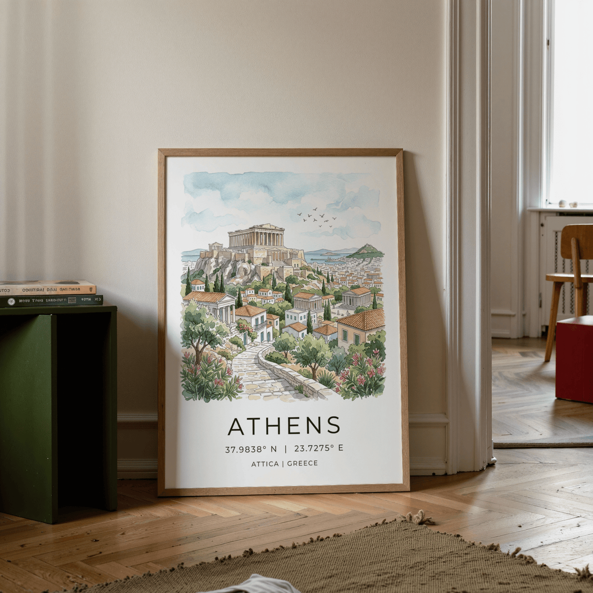 Detailed Athens skyline wall art with birds in the sky and distant coastline