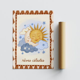 Hand-drawn sun and crescent moon artwork on matte paper