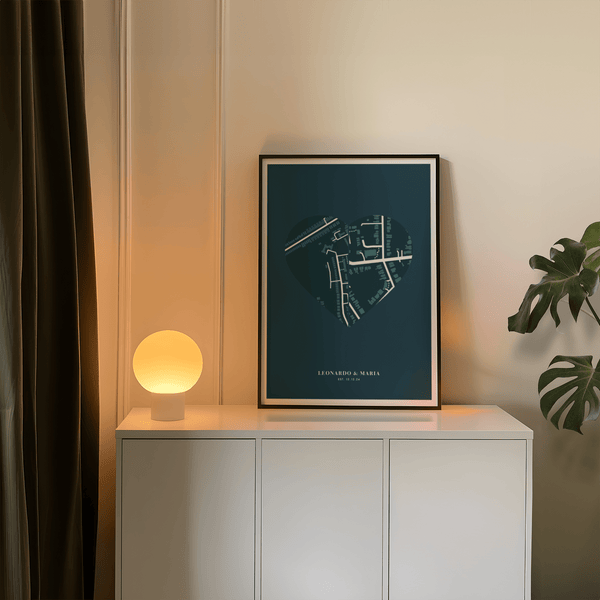 Custom Love Map Poster art print, Green and White, for couples' bedroom