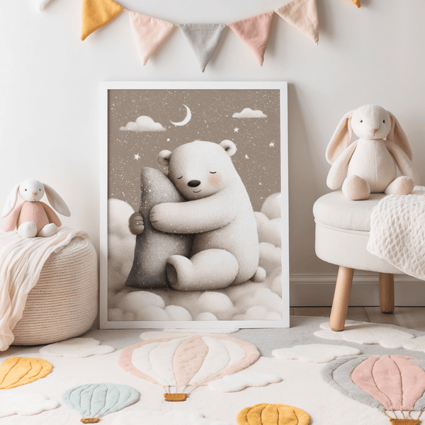 Polar Bear Nursery Print with soft white hues for gender-neutral nursery wall art