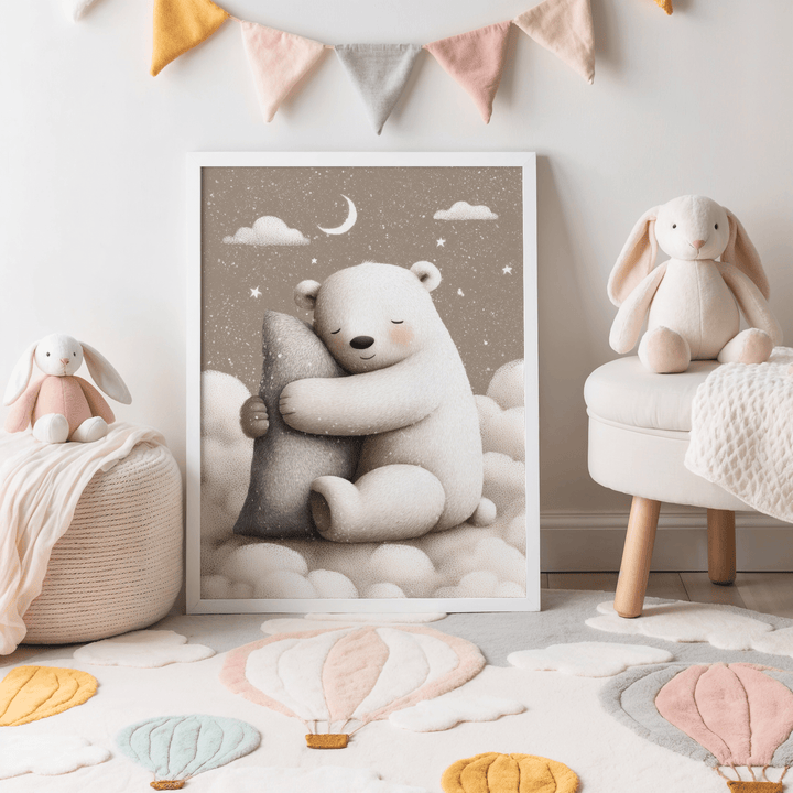 Print leaning on the floor showing a polar bear nursery print hugging a grey pillow with clouds and stars in soft beige colours in