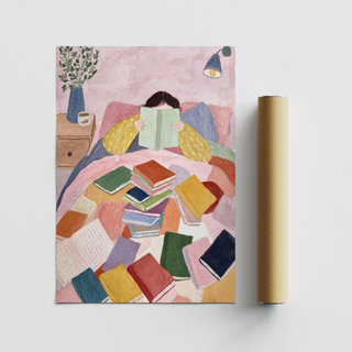 Quiet indoor scene poster of a reader in bed surrounded by colorful books
