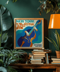 Striking New York Jazz Festival Art Print with Blue and Orange for entertainment room poster