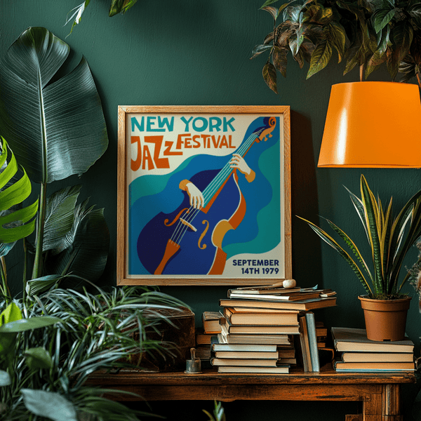 Striking New York Jazz Festival Art Print with Blue and Orange for entertainment room poster
