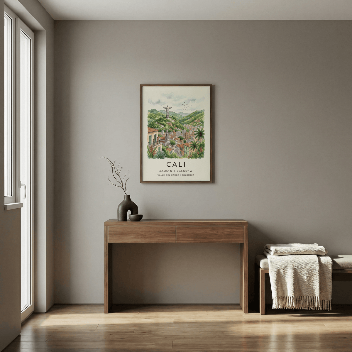 Typography-led Cali Colombia Poster with white margin and location text