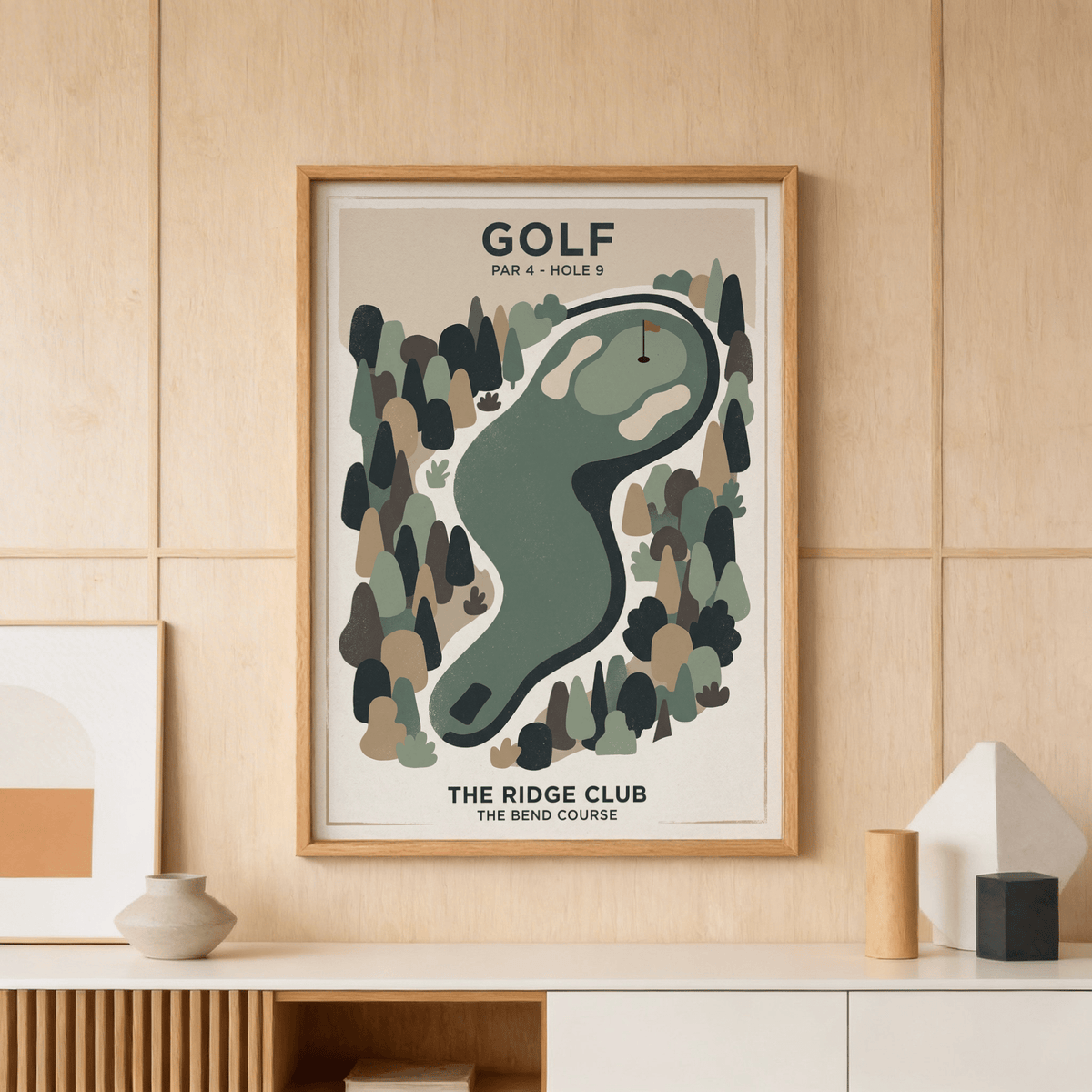 Framed Golf Landscape Print in brown, green, and beige palette