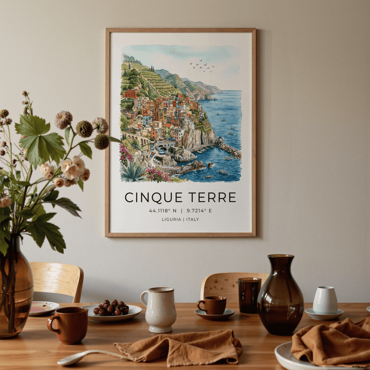 Panoramic Ligurian coast illustration showing birds gliding over the sea