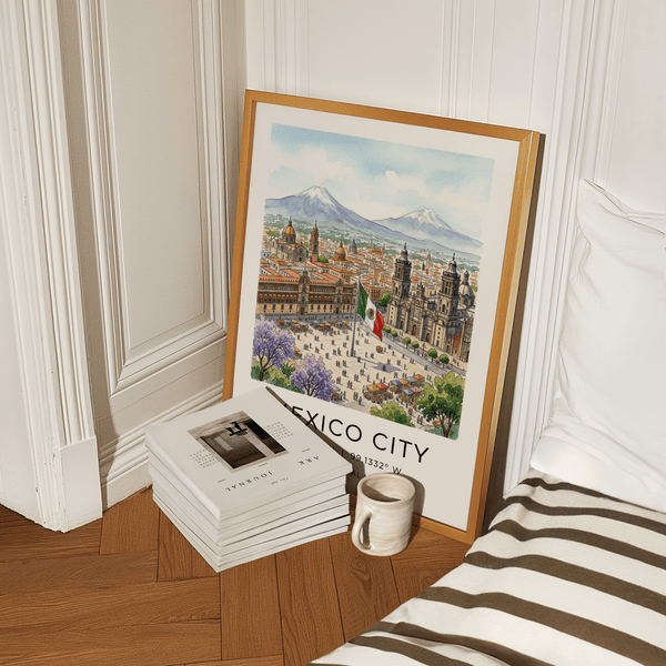 Travel poster wall art featuring Mexico City skyline, plaza market stalls, and large central flag