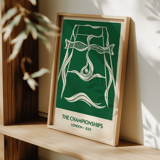 Vintage-style tennis championships poster print with central court lines and bold title block