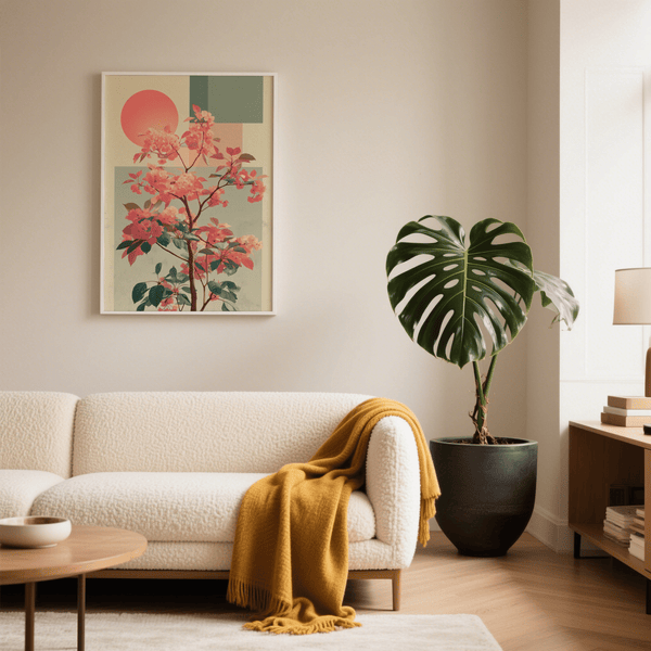 Modern botanical Abstract Flower Print with geometric background for bedroom decor