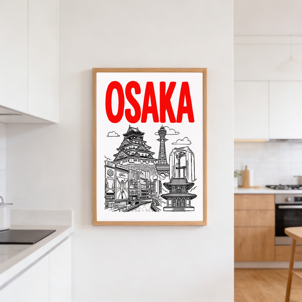Architectural sketch poster of Osaka with canal, bridge, and signage