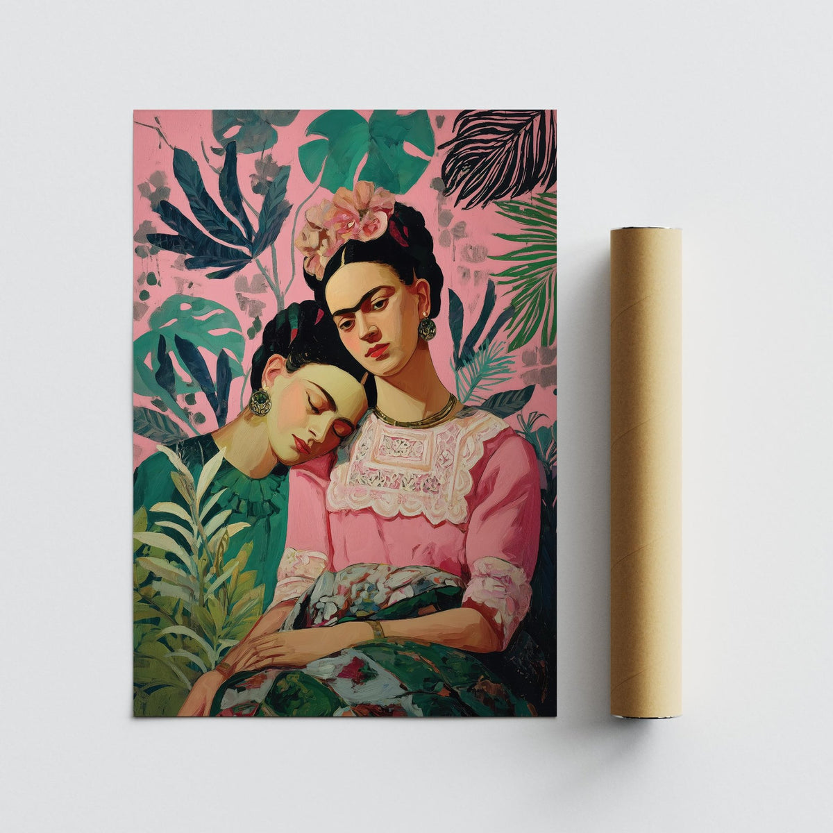 Art print of Frida Kahlo and companion in soft lighting and natural setting.
