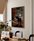 Beige and black landscape poster with prominent equine figure