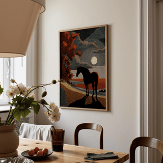Beige and black landscape poster with prominent equine figure