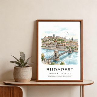 Panoramic cityscape wall art print showing bridge leading to Budapest landmarks