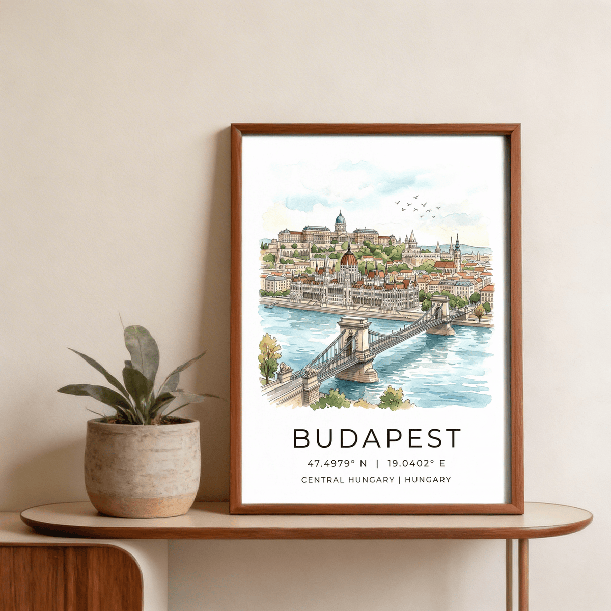 Panoramic cityscape wall art print showing bridge leading to Budapest landmarks
