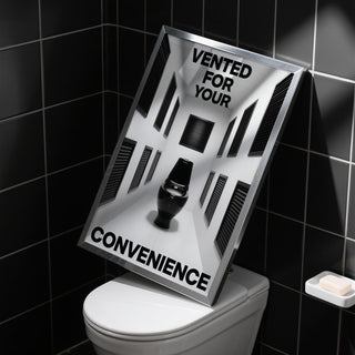 Humorous restroom art with black toilet and graphic vent arrangement, Bathroom Funny Print.