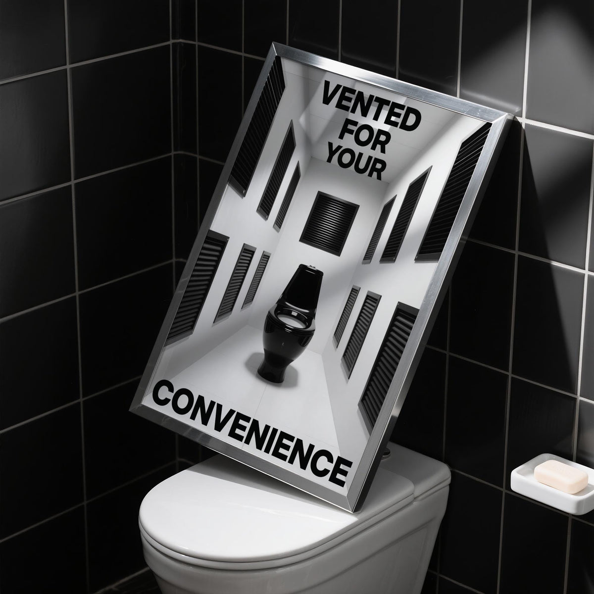 Humorous restroom art with black toilet and graphic vent arrangement, Bathroom Funny Print.