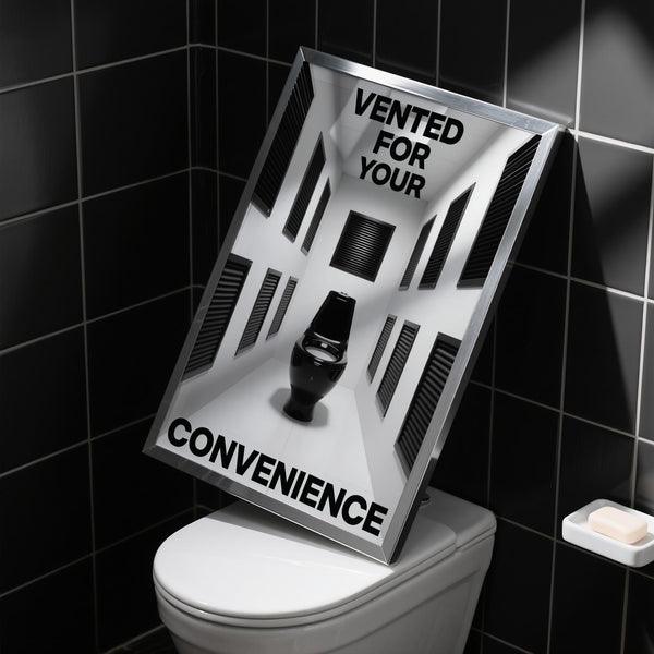 Humorous restroom art with black toilet and graphic vent arrangement, Bathroom Funny Print.