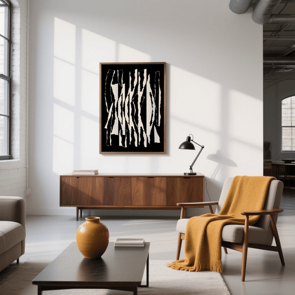 abstract black and white irregular stripes wall art for entryway