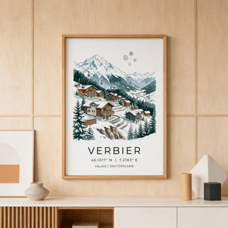 Watercolor-style mountain landscape print showing alpine cabins, pines, and cable cars