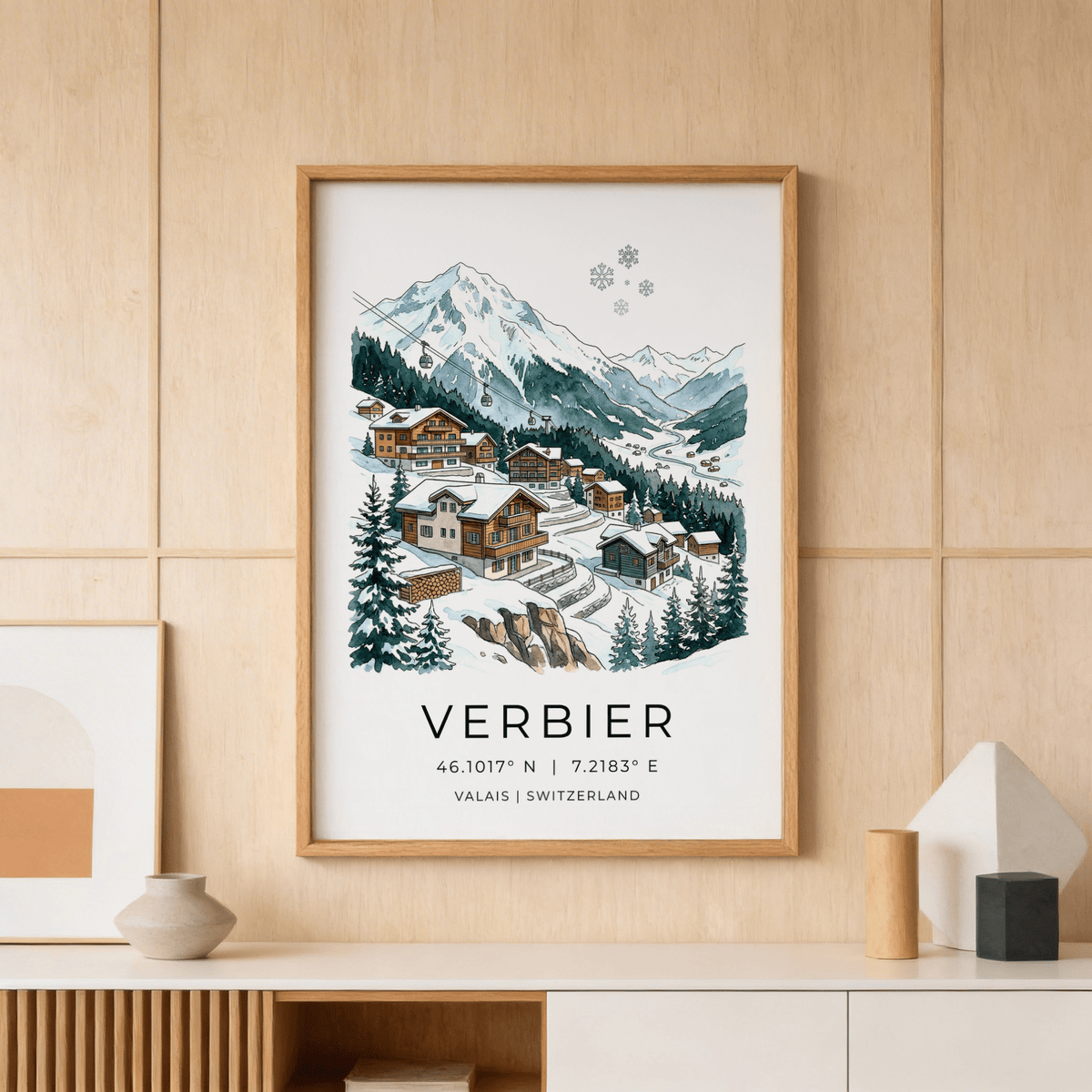 Watercolor-style mountain landscape print showing alpine cabins, pines, and cable cars