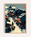 Overhead Asian Market Wall Art poster of street stalls and rooftops