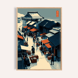 Framed Asian Market wall art depicting a traditional market scene with muted blues and red awnings