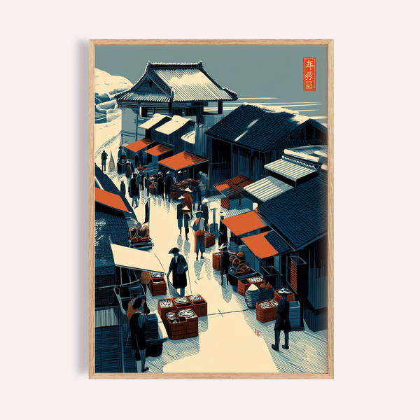 Overhead Asian Market Wall Art poster of street stalls and rooftops
