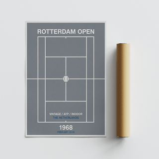Structured tennis court illustration paired with bold date typography