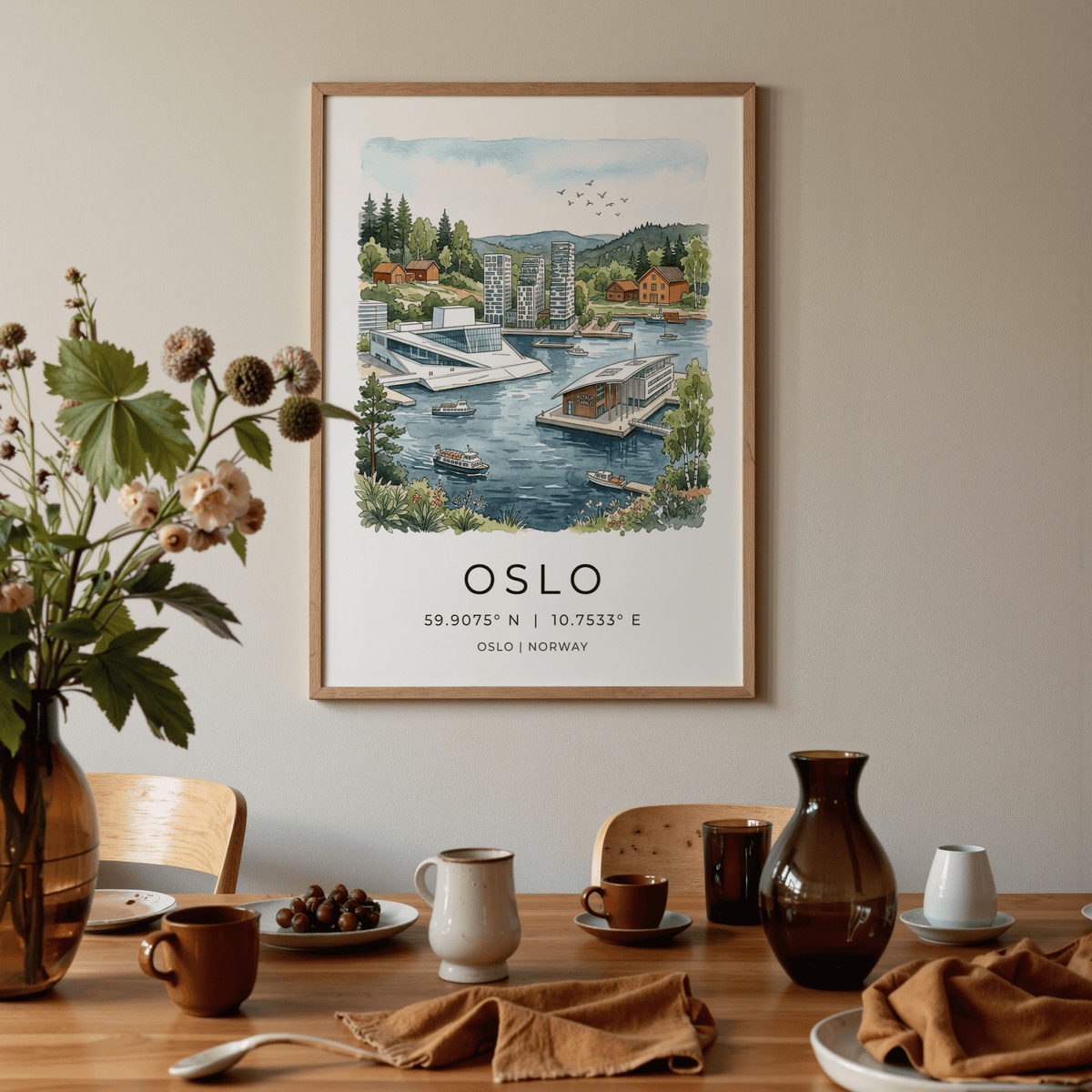 Oslo City Art Print travel poster depicting harbor boats, high-rise towers, and forest backdrop