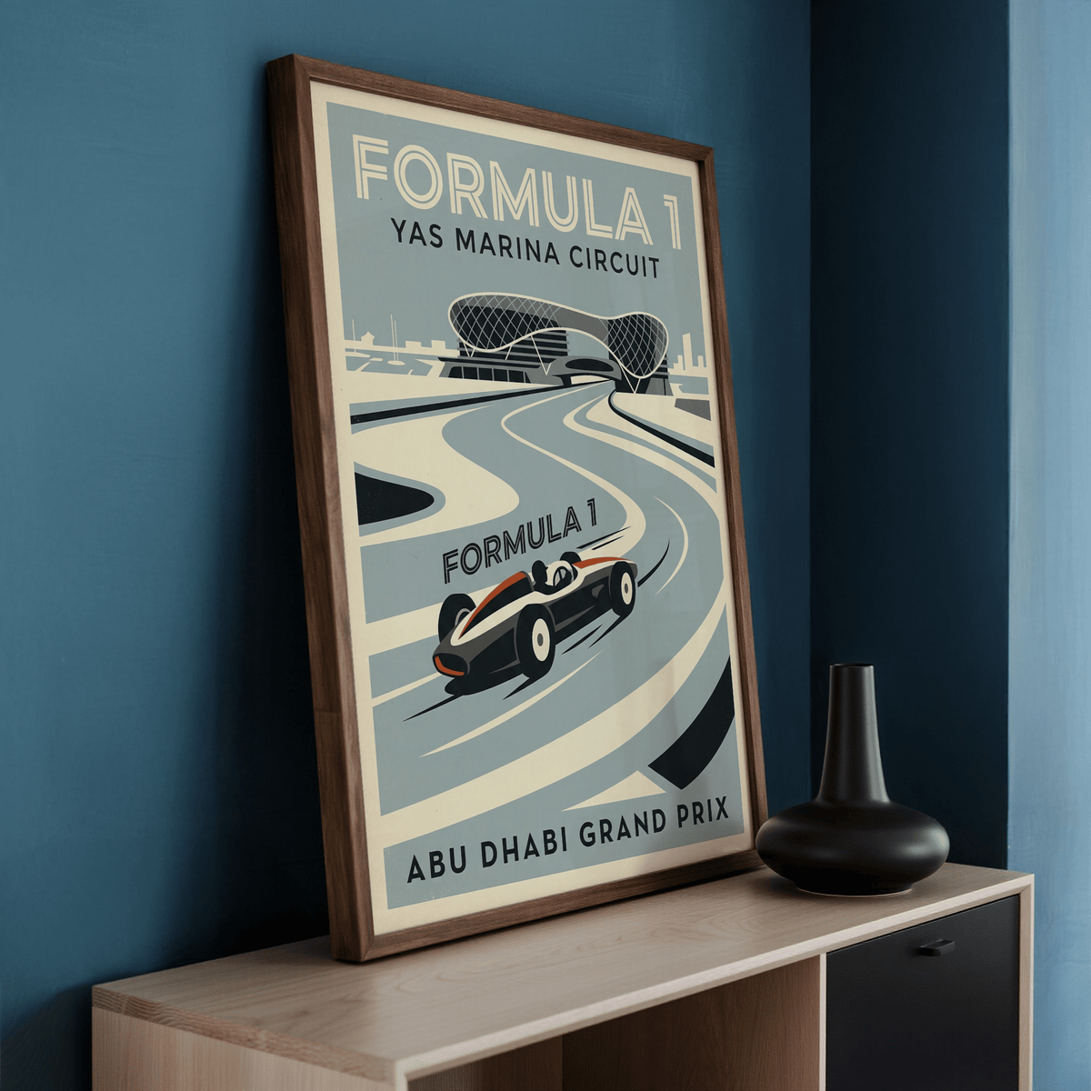 Graphic motorsport wall art print showing Yas Marina Circuit building silhouette behind track
