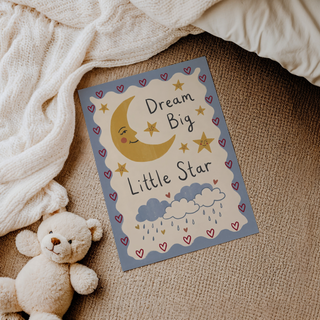 Soft clouds and falling raindrops accenting moon illustration