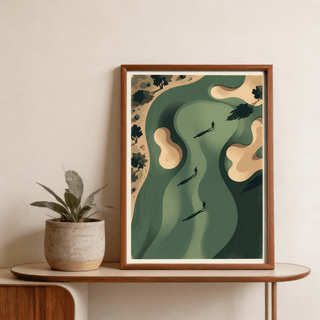 Minimalist greenside course map with three golfer figures