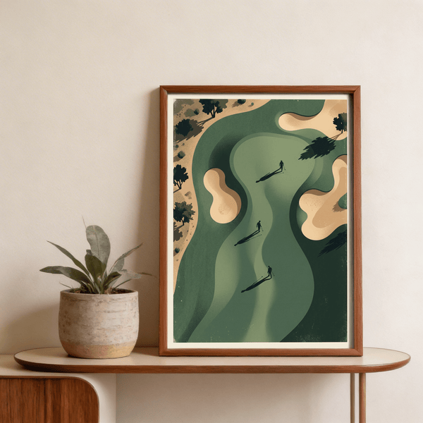 Minimalist greenside course map with three golfer figures