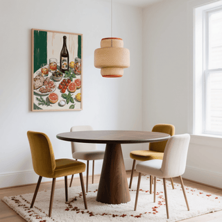 Food and Drink Art Print kitchen poster with bread, fruit, and drinks in multicolored