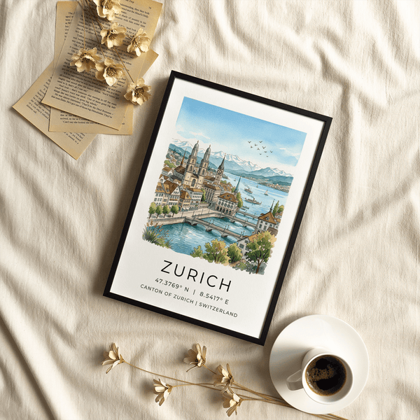 Close-up of Zurich City Art Print showing coordinates beneath skyline