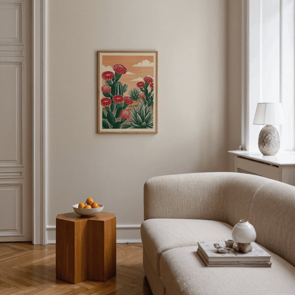 Cactus Desert Art poster with red flowers for bedroom wall