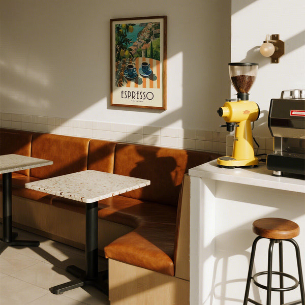 Mediterranean art print with striped table and Italian espresso
