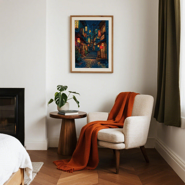 Atmospheric japanese drawing of Kyoto at night for reading nook