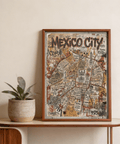 Depicting illustrated Mexico City street map wall art poster with district names and route lines