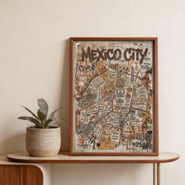 Depicting illustrated Mexico City street map wall art poster with district names and route lines