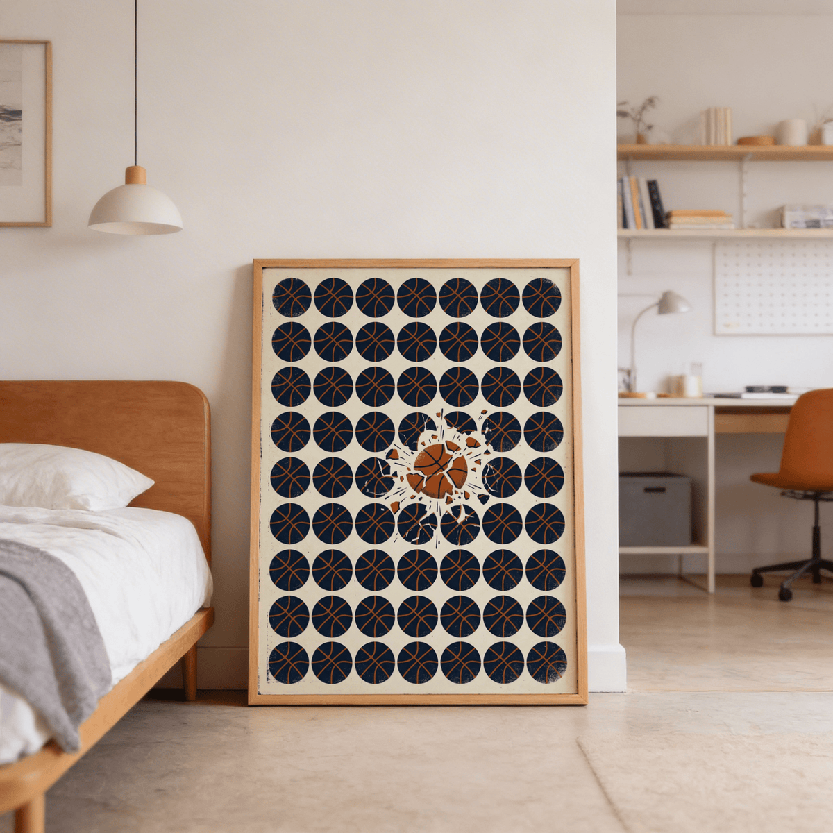 Sport-themed art print with repeated basketball shapes and scuffed edges