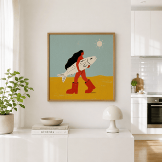 Woman Carrying Fish Print featuring a walking figure holding a large fish