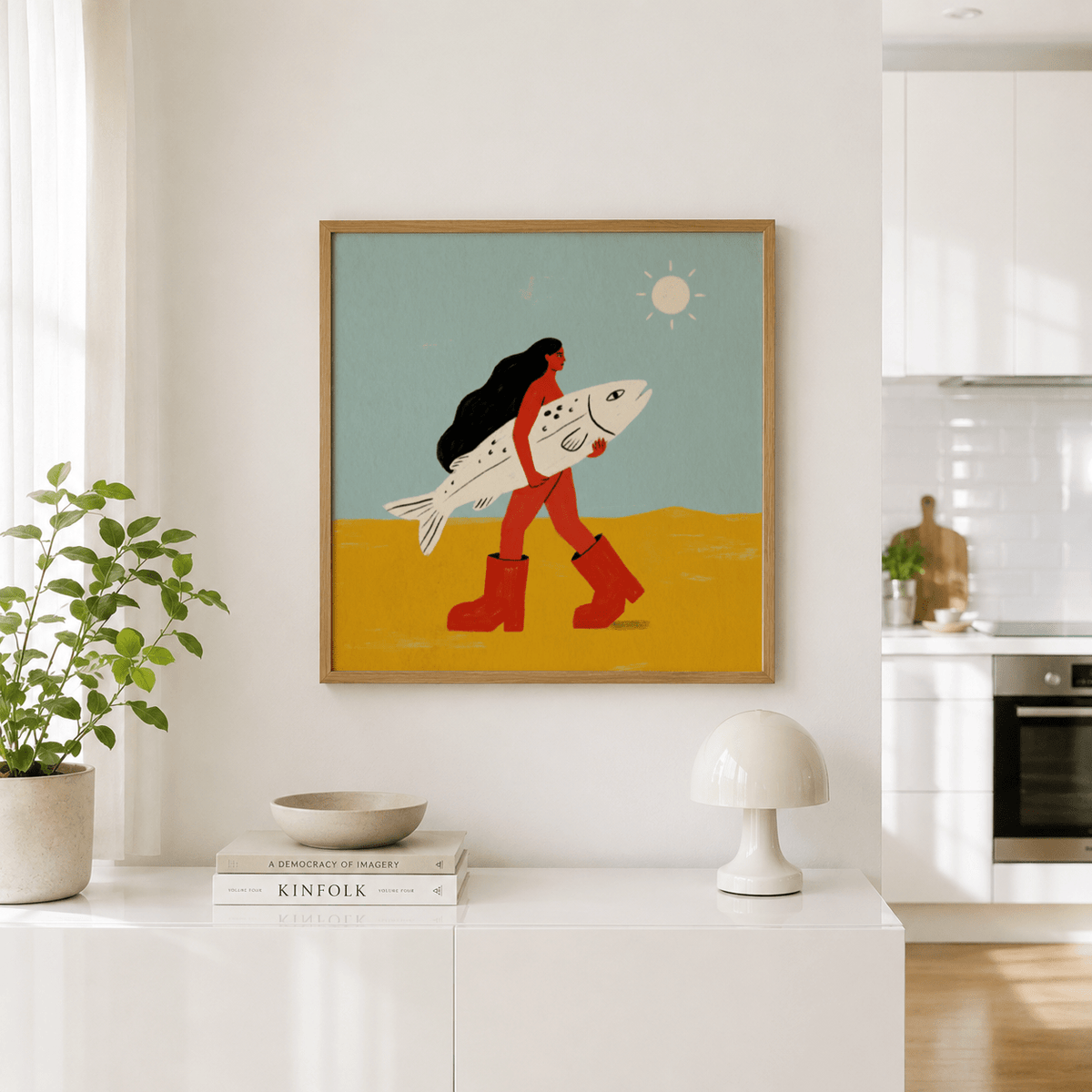 Woman Carrying Fish Print featuring a walking figure holding a large fish