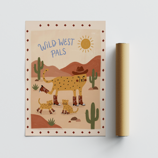 Bordered nursery poster with cheetah characters in cowboy boots and desert landscape elements