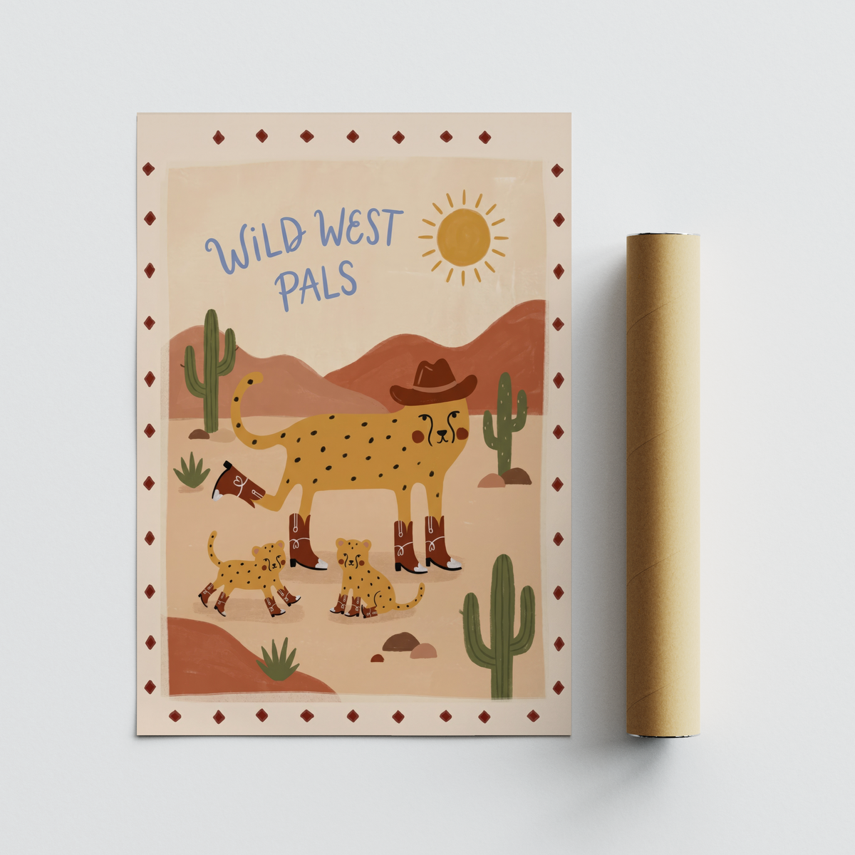 Bordered nursery poster with cheetah characters in cowboy boots and desert landscape elements