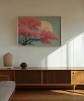 Japanese Moon Tree Art perfect wall art for study room in Pink Blue