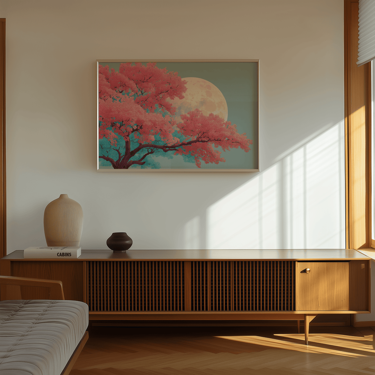 Japanese Moon Tree Art perfect wall art for study room in Pink Blue